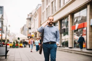 Homem de camisa azul fala ao celular enquanto caminha pela calçada de rua comercial no centro, com lojas, prédios e pedestres ao fundo.