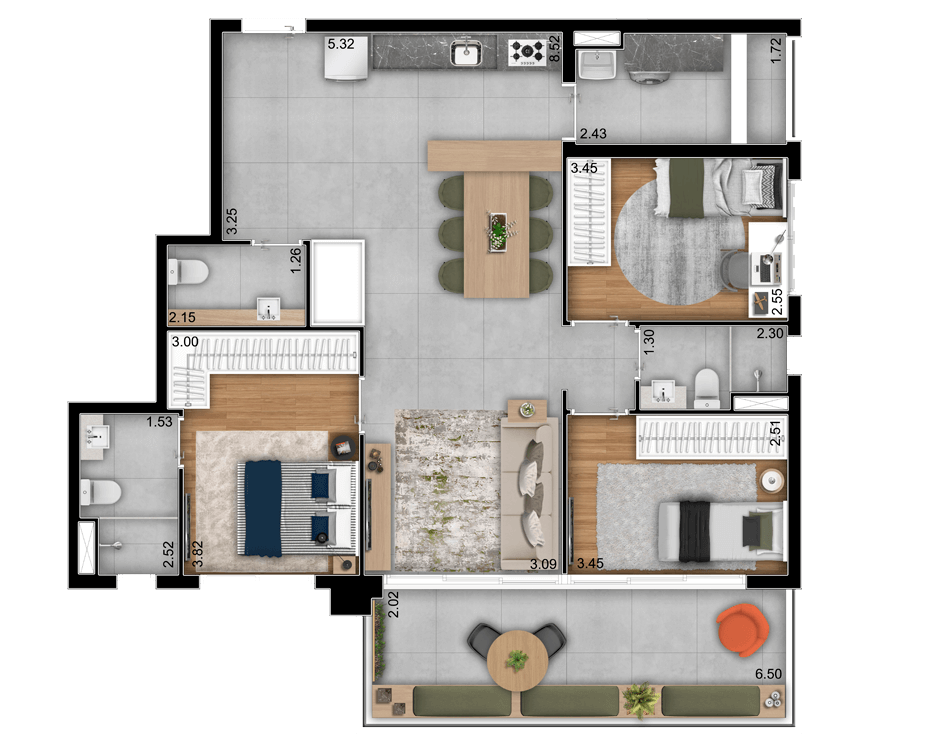 planta do apartamento a venda de 107-m² - 3 dormitórios - Cozinha aberta