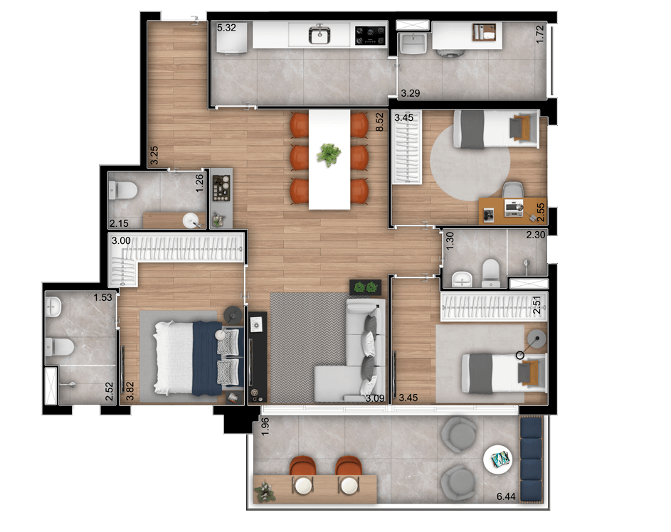 planta do apartamento a venda de 107 m² - 3 dormitórios e cozinha fechada - Aurorra