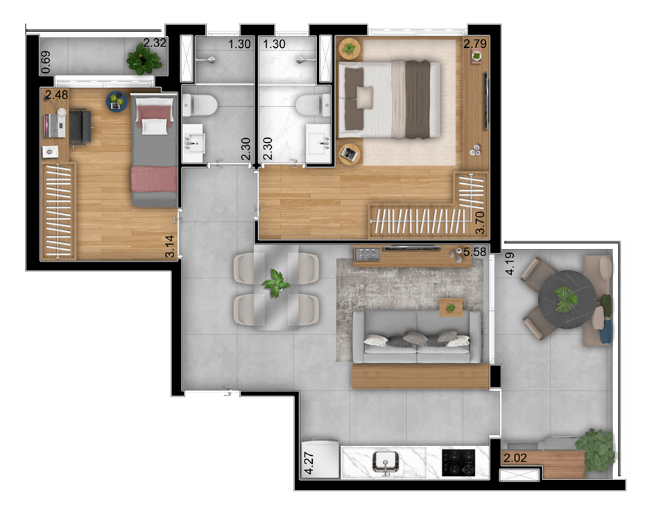 planta do apartamento a venda de 68-m² - 2 dormitórios