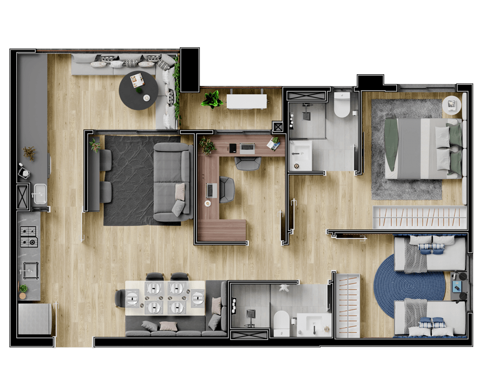 planta do apartamento a venda de 66 m² - 3 dormitórios c/ opção escritório