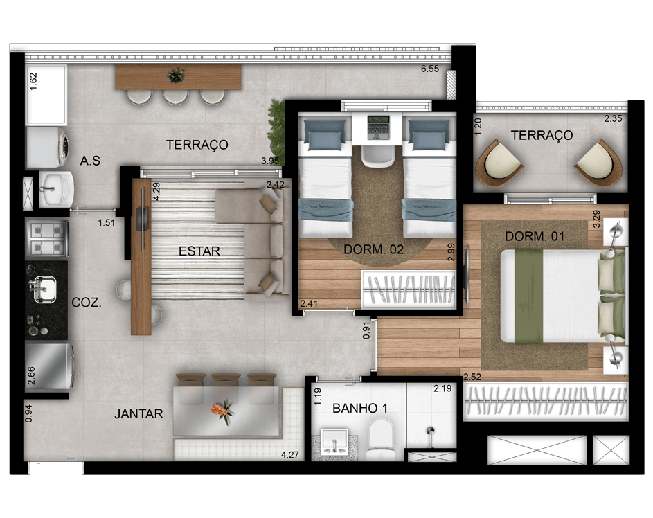 planta do apartamento a venda de 56,84 m² - 2 dormitórios - Torre Terre