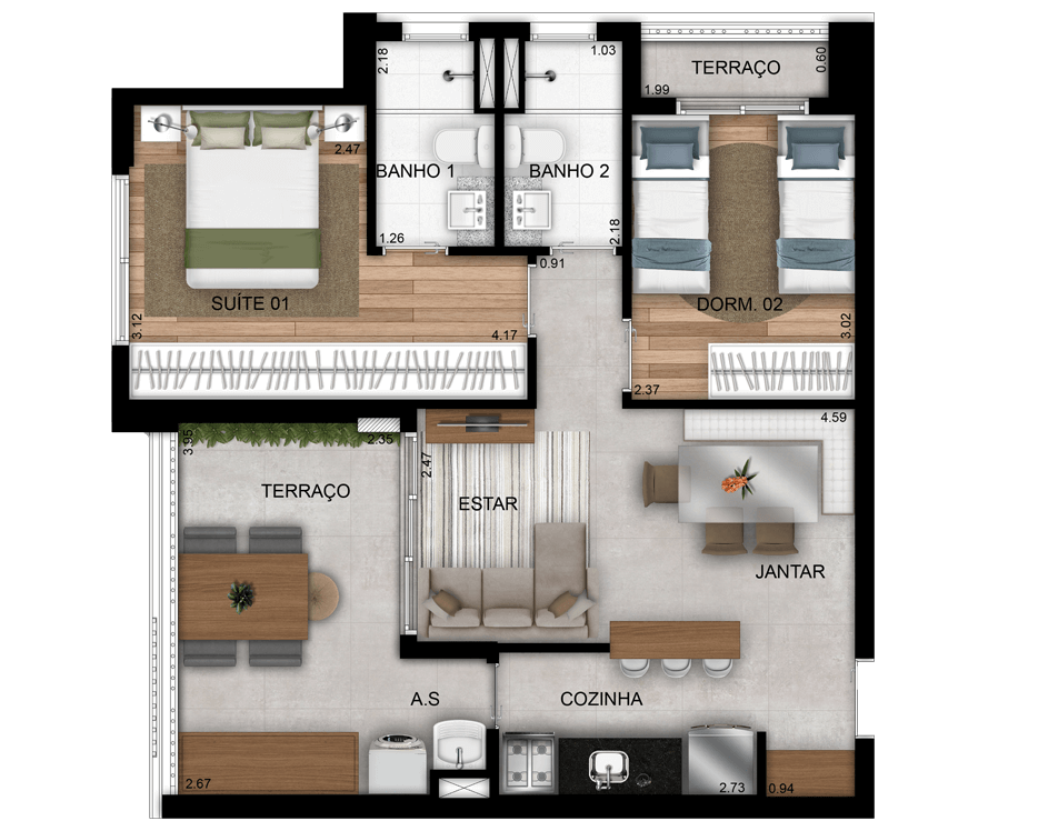 planta do apartamento a venda de 62,52 m² - 2 dormitórios - Torre Terre