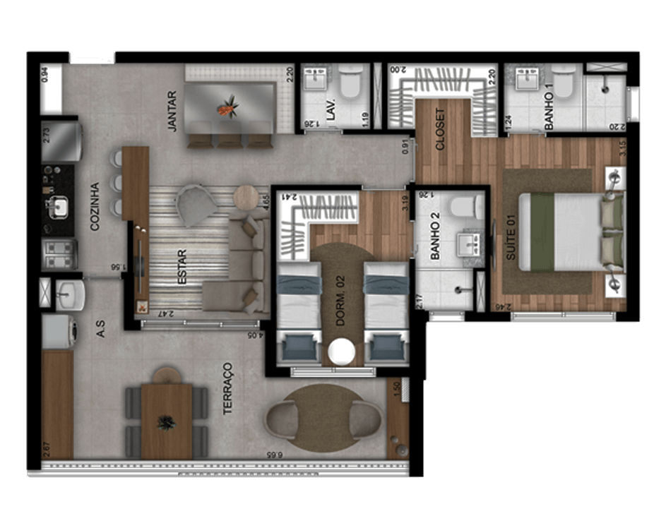 planta do apartamento a venda de 71,16 m² - 2 dormitórios - Torre Terre
