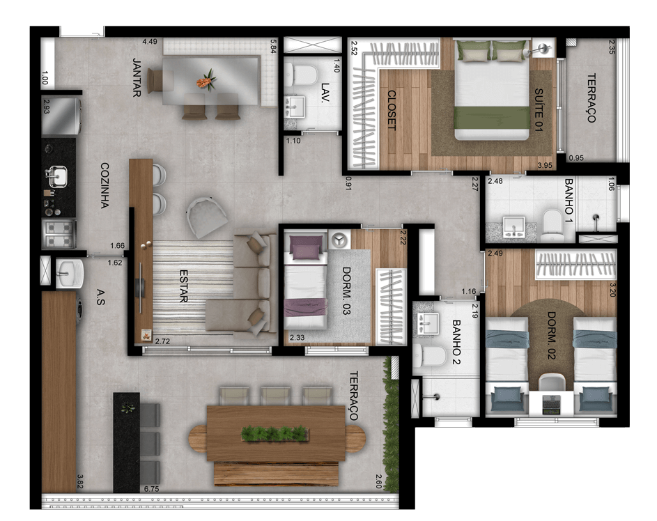 planta do apartamento a venda de 94,29 m² - 3 dormitórios - Torre Brise