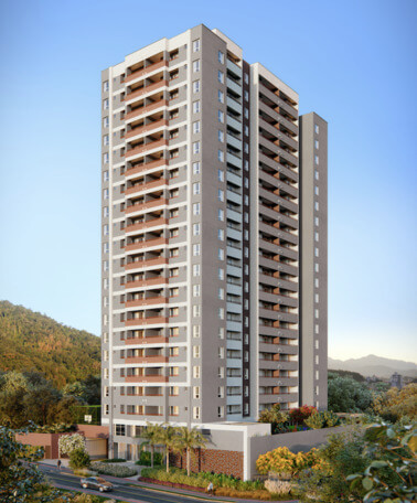 visão da fachada e torre do empreendimento Origem