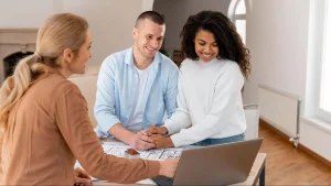 Casal jovem sentado à mesa de frente para uma consultora imobiliária, de mãos dadas, analisando planta de imóvel e maquete de casa sobre a mesa, com notebook aberto ao lado.