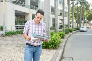 Homem de camisa xadrez caminhando em rua arborizada de bairro residencial moderno, lendo jornal enquanto observa a movimentação ao redor.