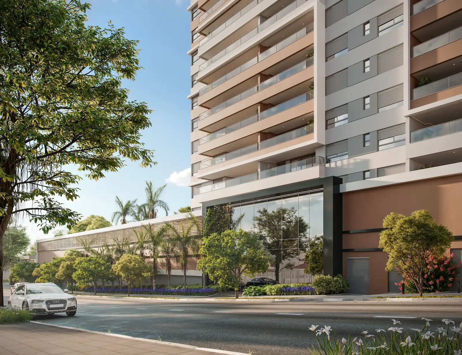 Fachada do Harmonie, da Tarjab, com arquitetura contemporânea, varandas amplas e paisagismo urbano.