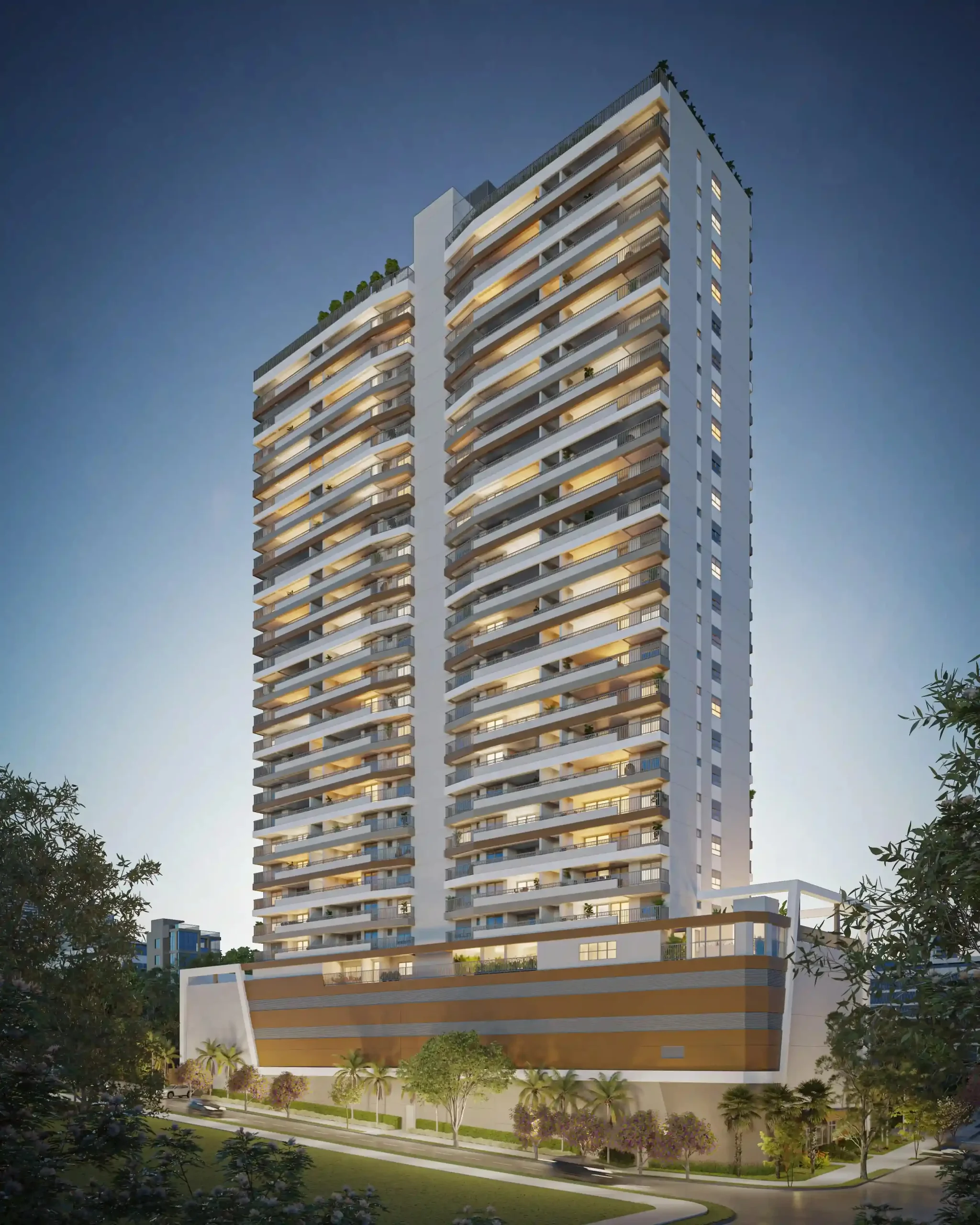 Fachada do prédio Altus Nova Klabin ao entardecer, localizado na Rua Visconde de Guaratiba, Nova Klabin.