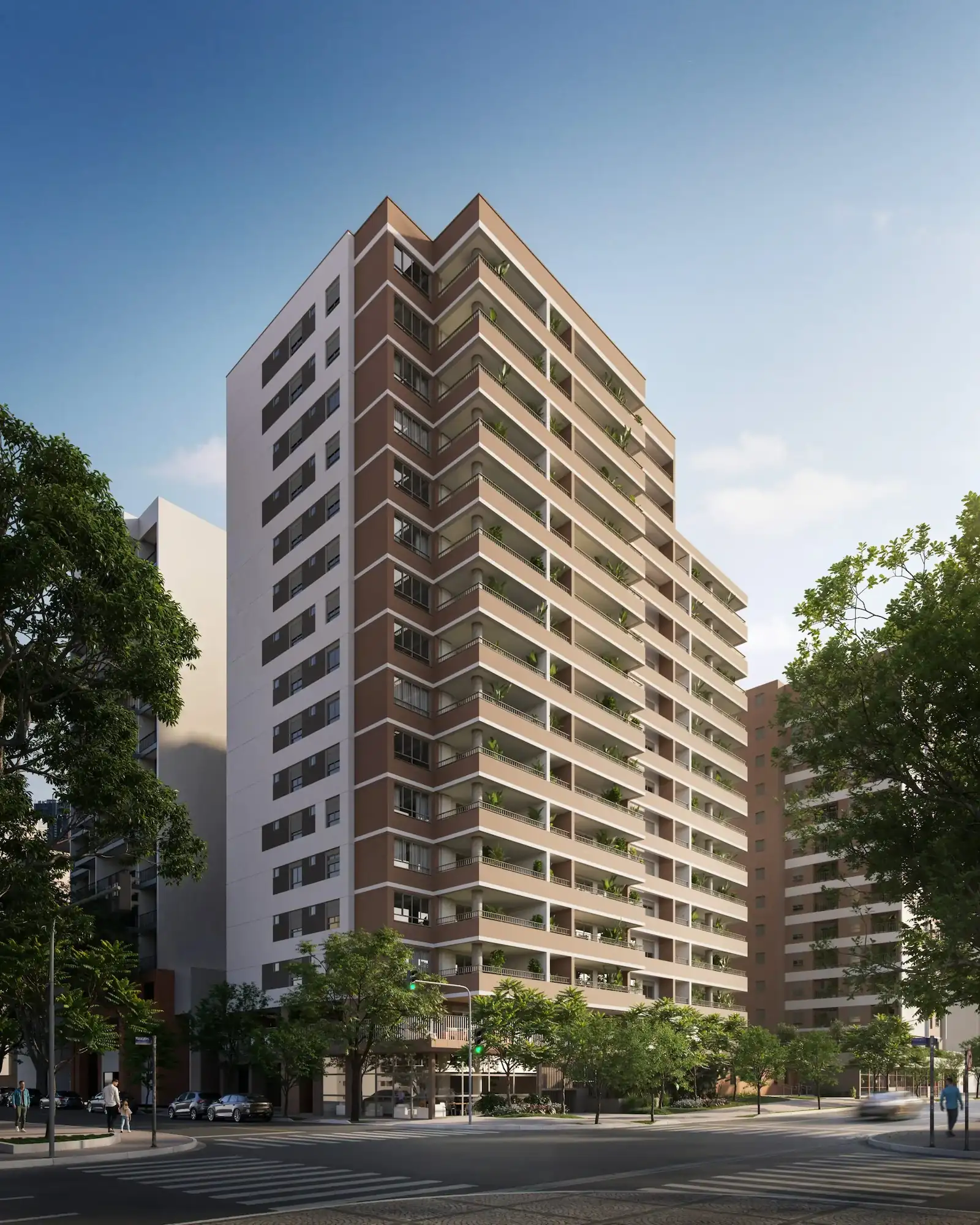 Fachada do Eucalys, apartamento em Moema, com design moderno, varandas com plantas e vegetação ao redor.