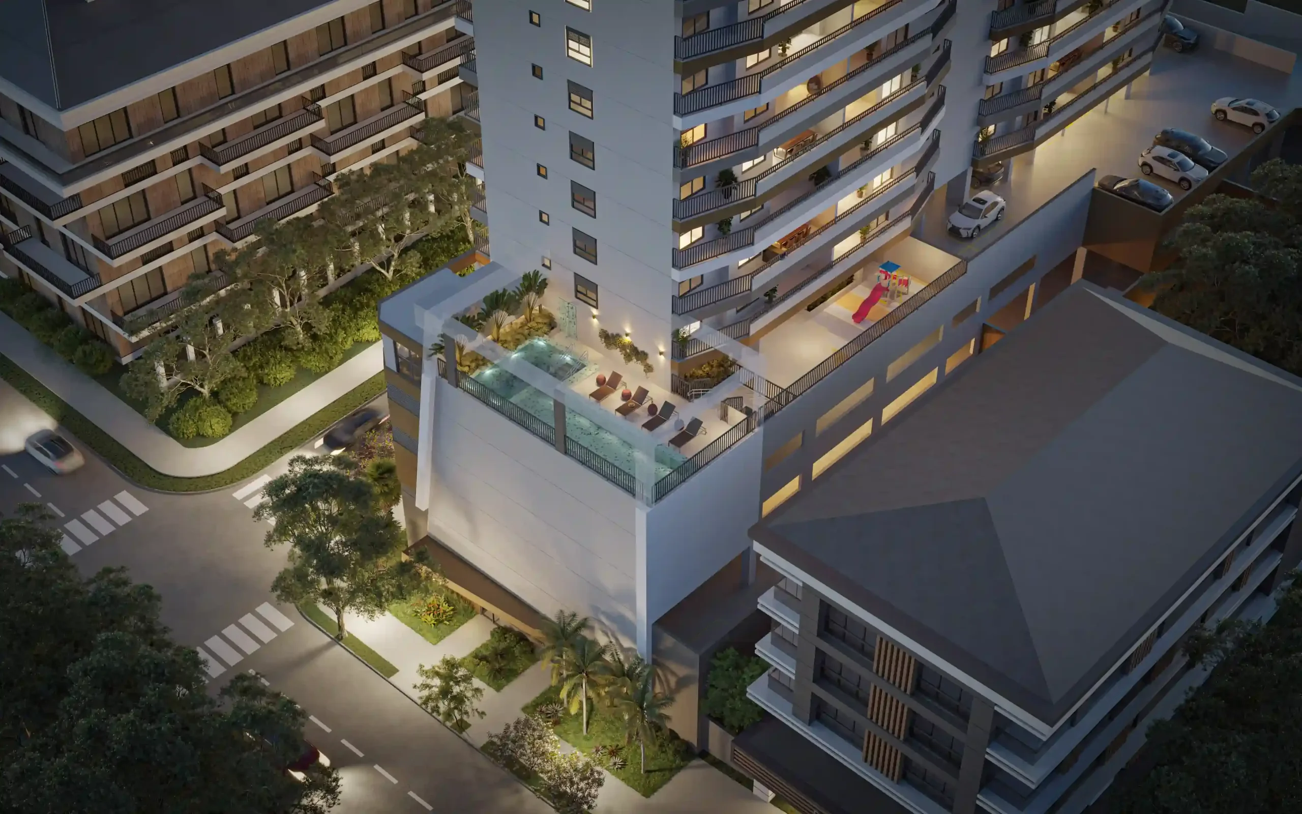 Vista aérea noturna da piscina e lazer do Altus Nova Klabin. Nova Klabin. Rua Visconde de Guaratiba.