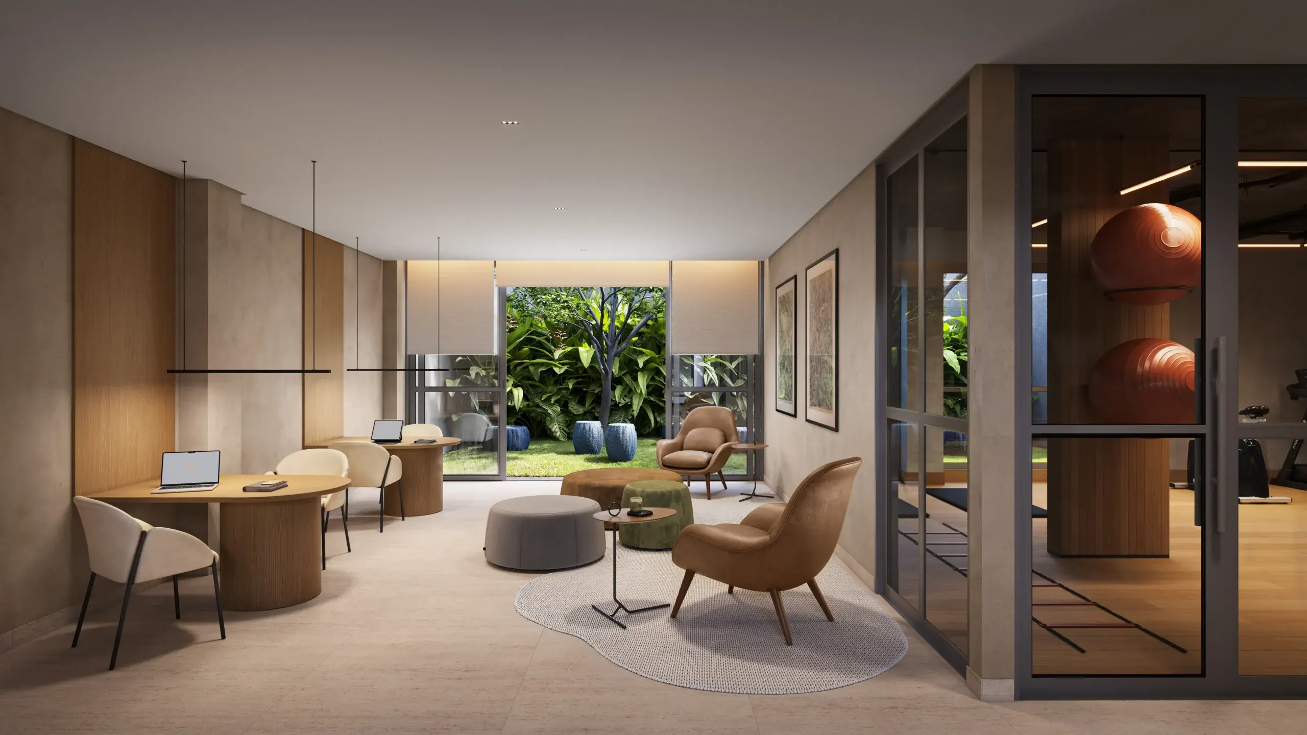 Espaço para Coworking no Edíficio Eucalys, apartamento em moema com espaço arejado, poltronas confortáveis e cores em tons neutros.