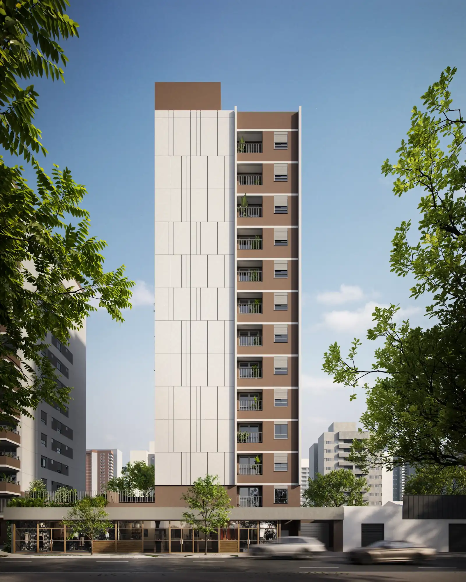 Fachada do Eucalys, apartamento em Moema, moderno com design minimalista, árvores ao redor e carro na rua, com prédios ao fundo.