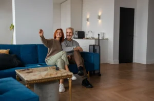 Casal sentado em sofá azul em sala integrada à cozinha, ambos observando detalhes do ambiente moderno, com mala de viagem ao fundo sugerindo uma mudança ou chegada.