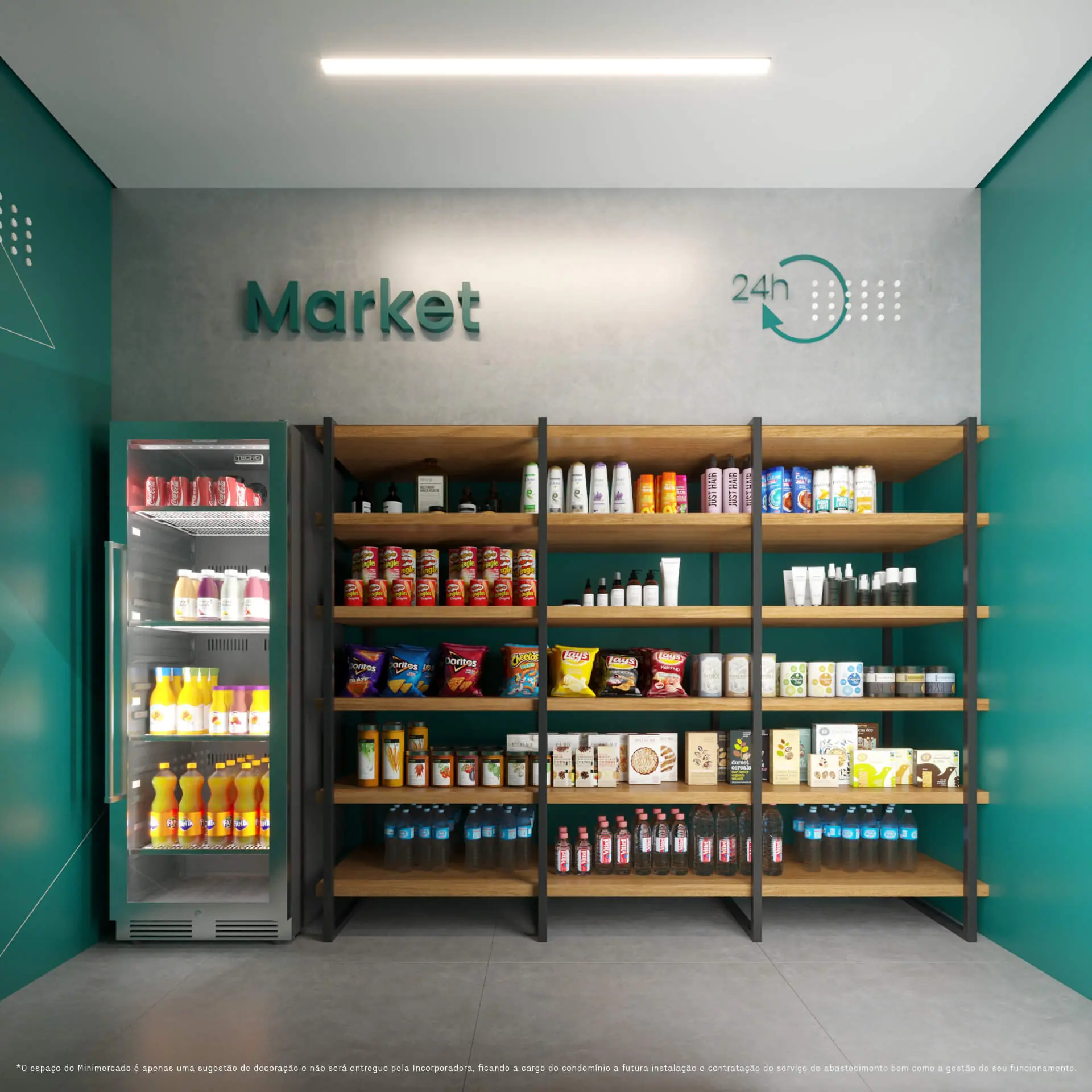 Minimercado 24h do Eucalys, apartamento em Moema, com prateleiras abastecidas e refrigerador moderno.