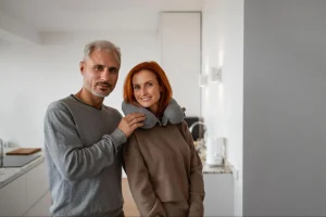 Casal maduro posando lado a lado em um ambiente interno