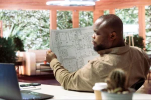 Homem de barba, visto de costas e perfil, segura e analisa uma planta arquitetônica detalhada em um ambiente iluminado e moderno. À sua frente, sobre a mesa, há um notebook, um caderno e um copo de café, sugerindo um momento de planejamento e decisão sobre o layout do imóvel.