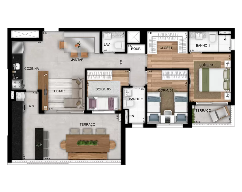 planta do apartamento a venda de 94,32 m² - 3 dormitórios - Torre Brise